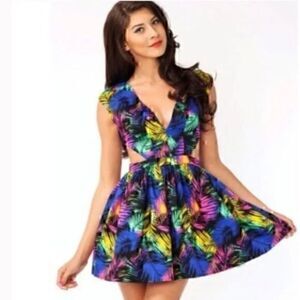 Mustard Seed Side Cut Out Colorful Leaf Skater Floral Mini Dress M
